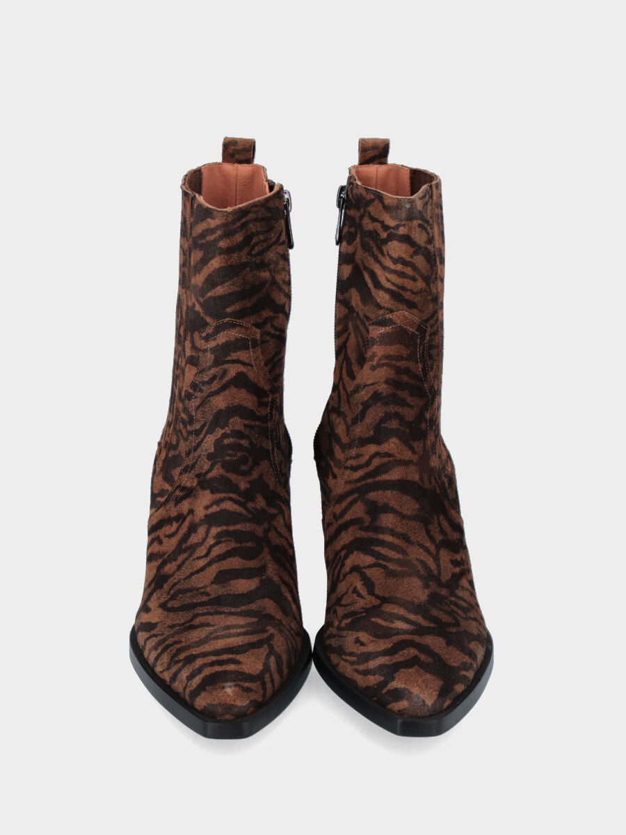 Bottines western en suède zébré avec lanières en cuir et élastiques latéraux