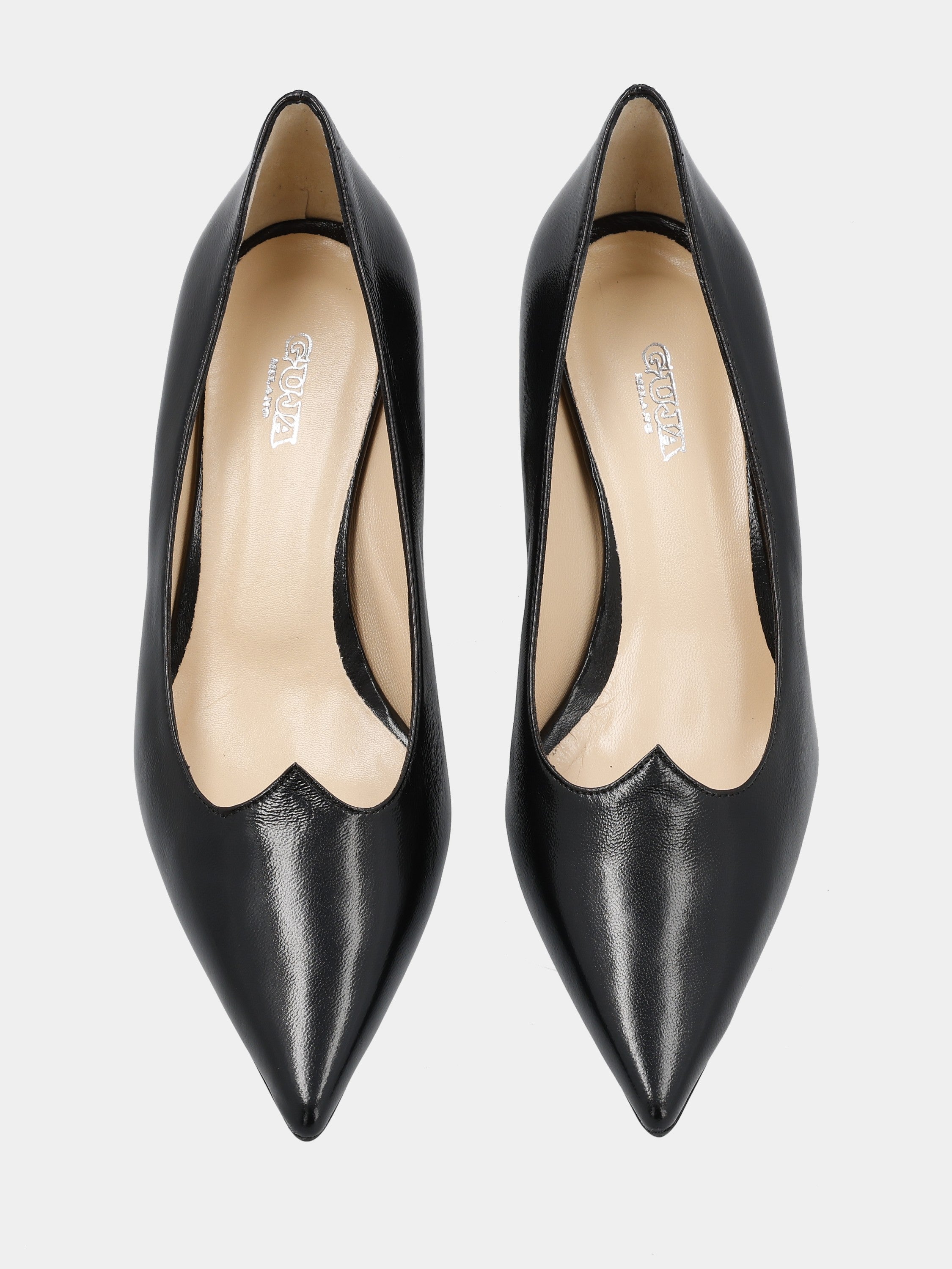 Black naplak pumps with sweetheart neckline and chalice heel