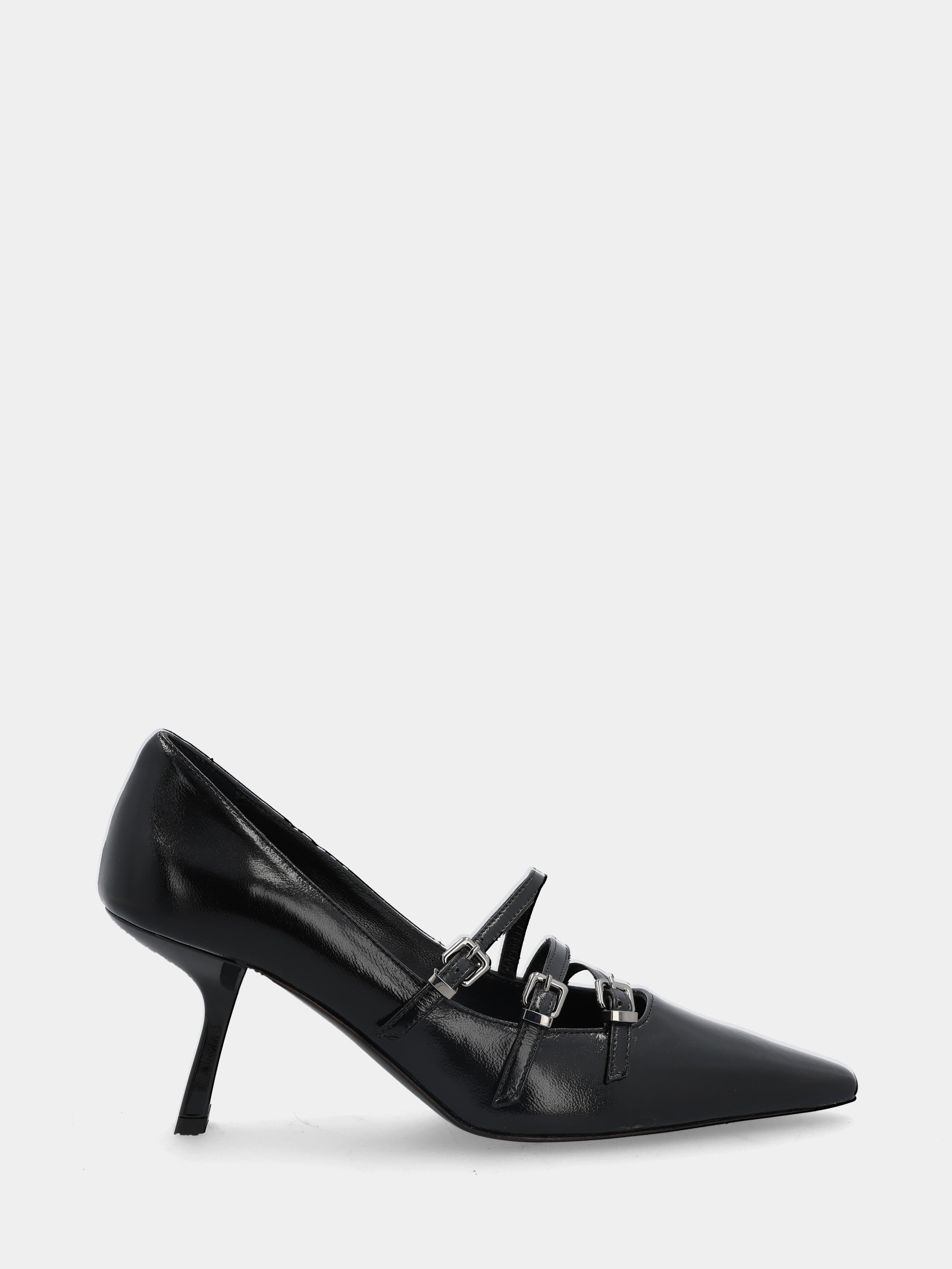 Pumps aus glänzender Samt in Schwarz mit drei Riemchen und Kelchabsatz