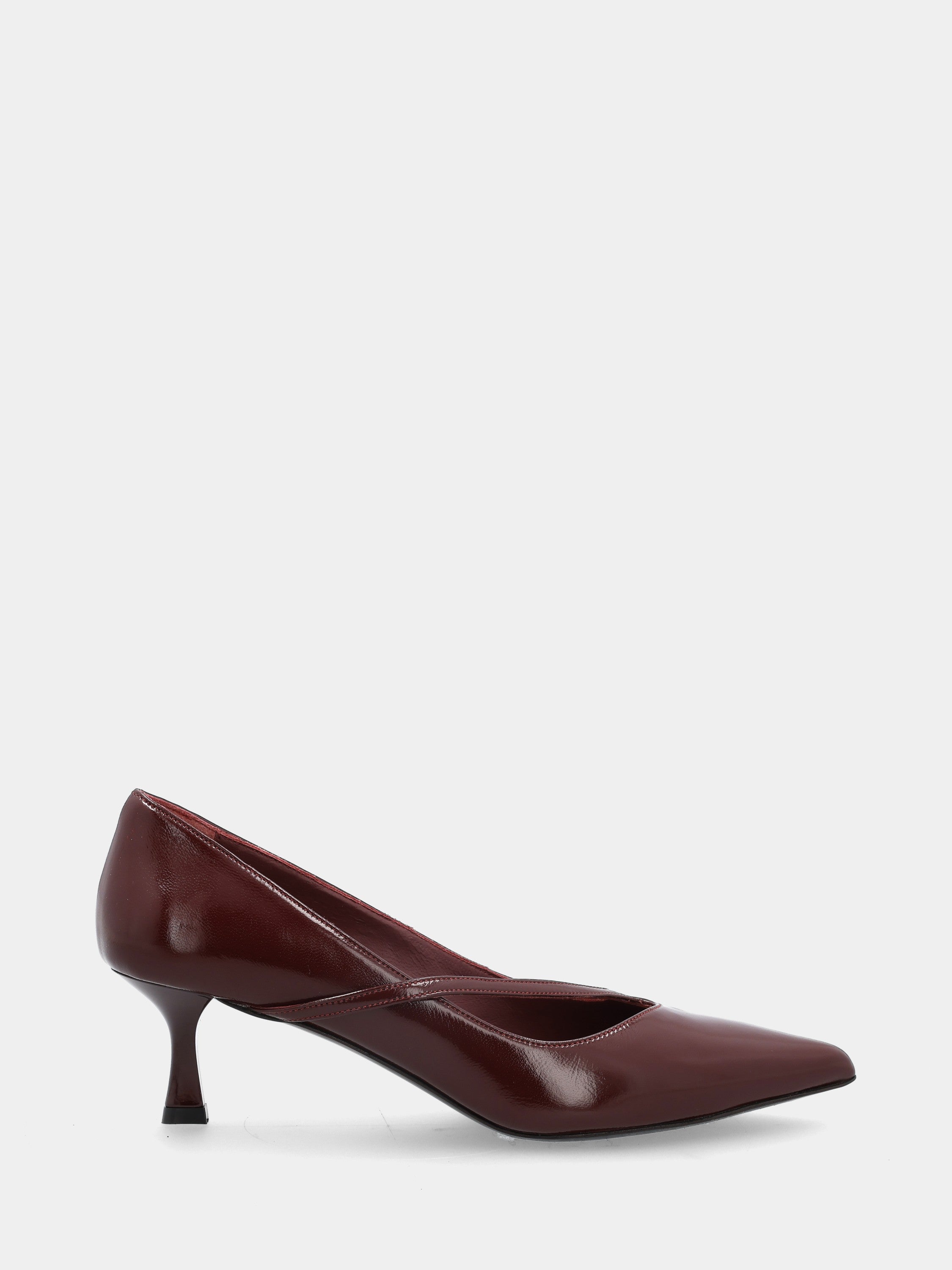 Pumps aus glänzender Samt Bordeaux mit schrägem Riemen und Kelchabsatz