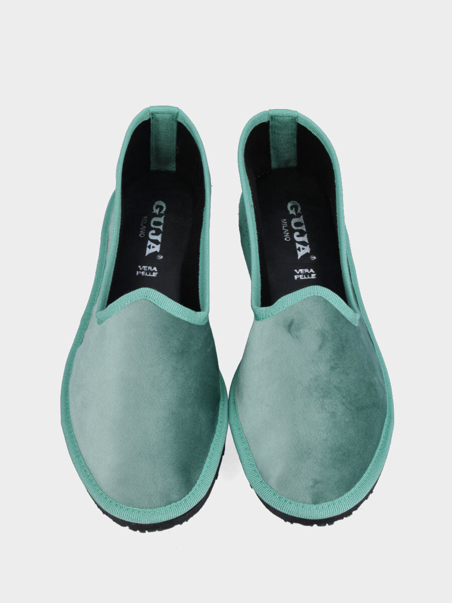 Friulana in velluto liscio salvia con punta tonda e suola in gomma