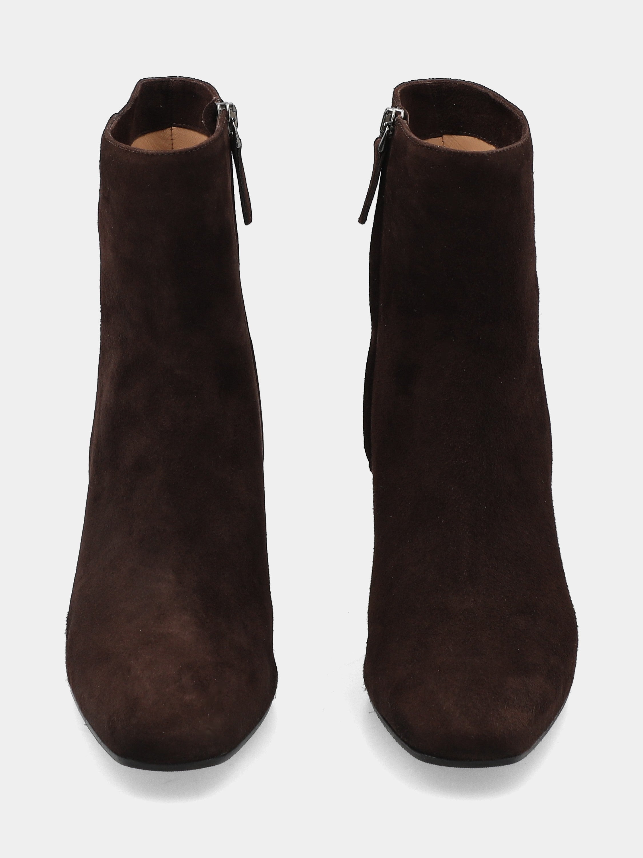 Bottine en suède marron foncé avec talon large en forme de queue et fermeture éclair