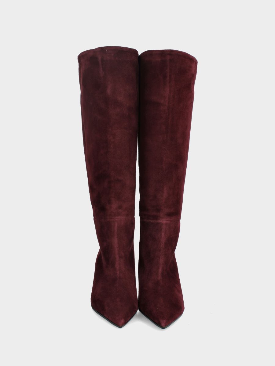 Stivale in camoscio bordeaux con gambale a tubo cascante e tacco ricurvo