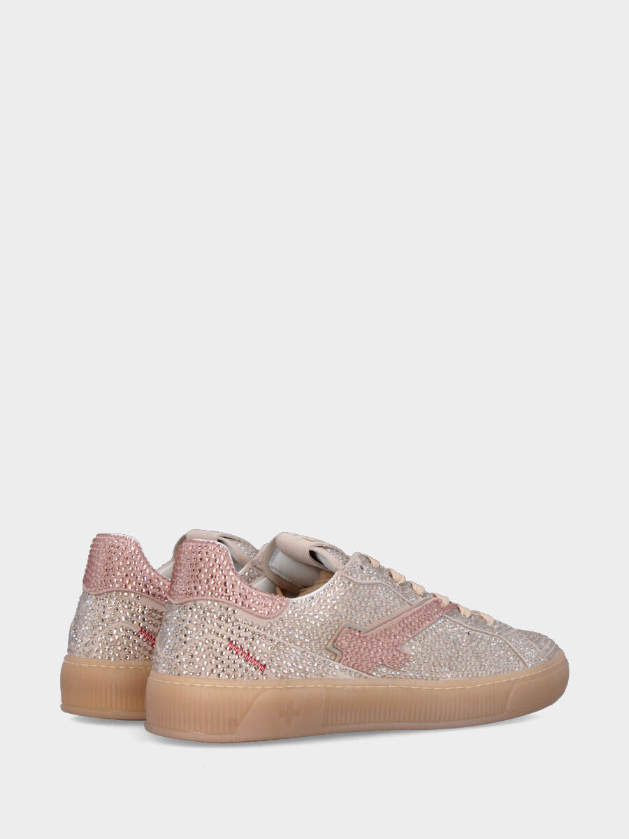 Sneaker in camoscio con multistrass platino e suola in gomma