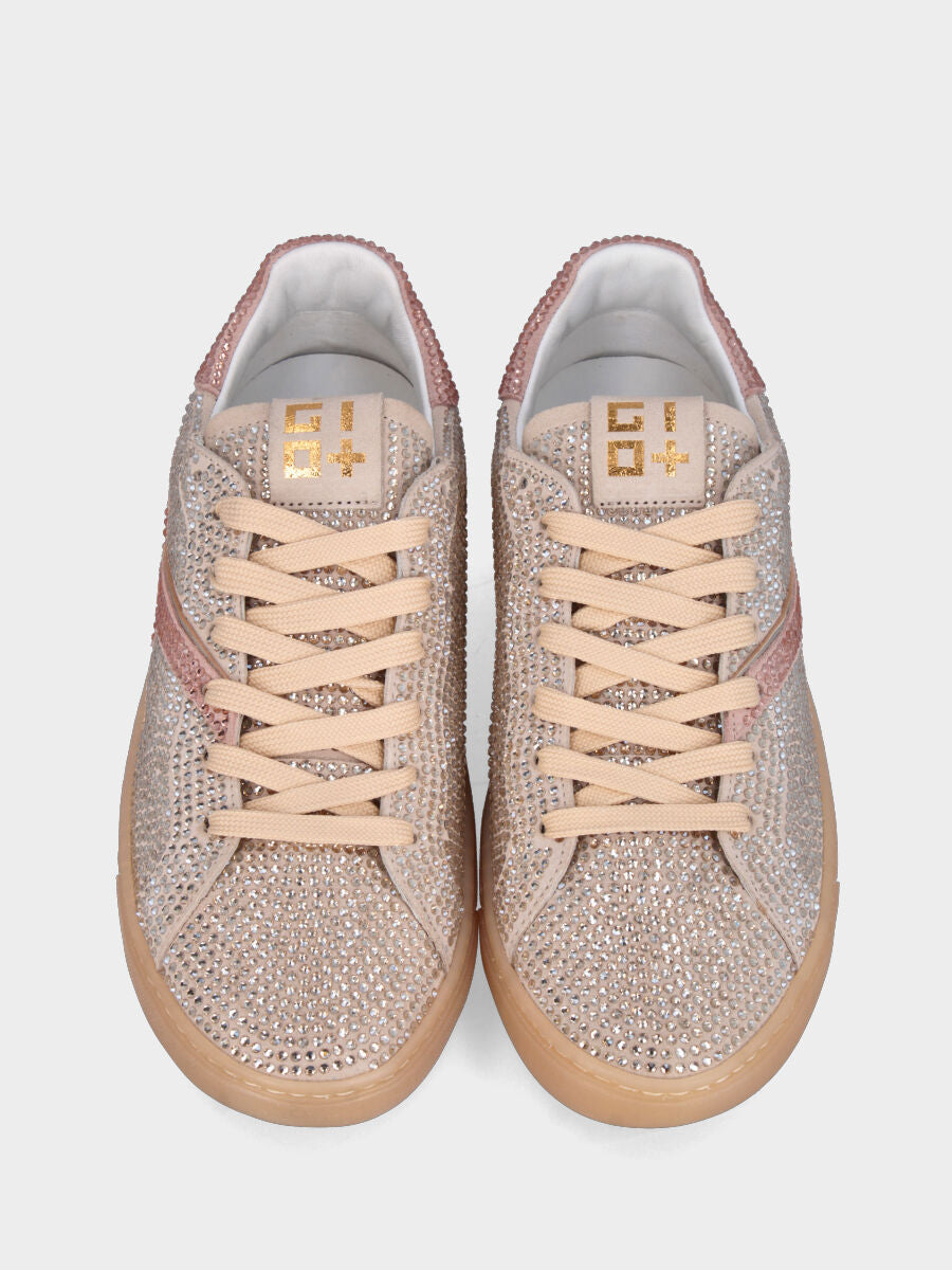 Sneaker in camoscio con multistrass platino e suola in gomma