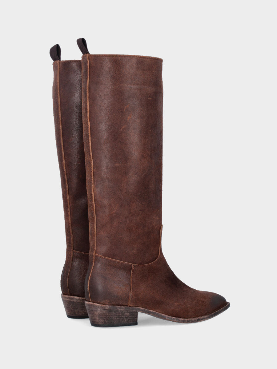 Camperos a stivale in vitello testa di moro con tacco largo fasciato cuoio