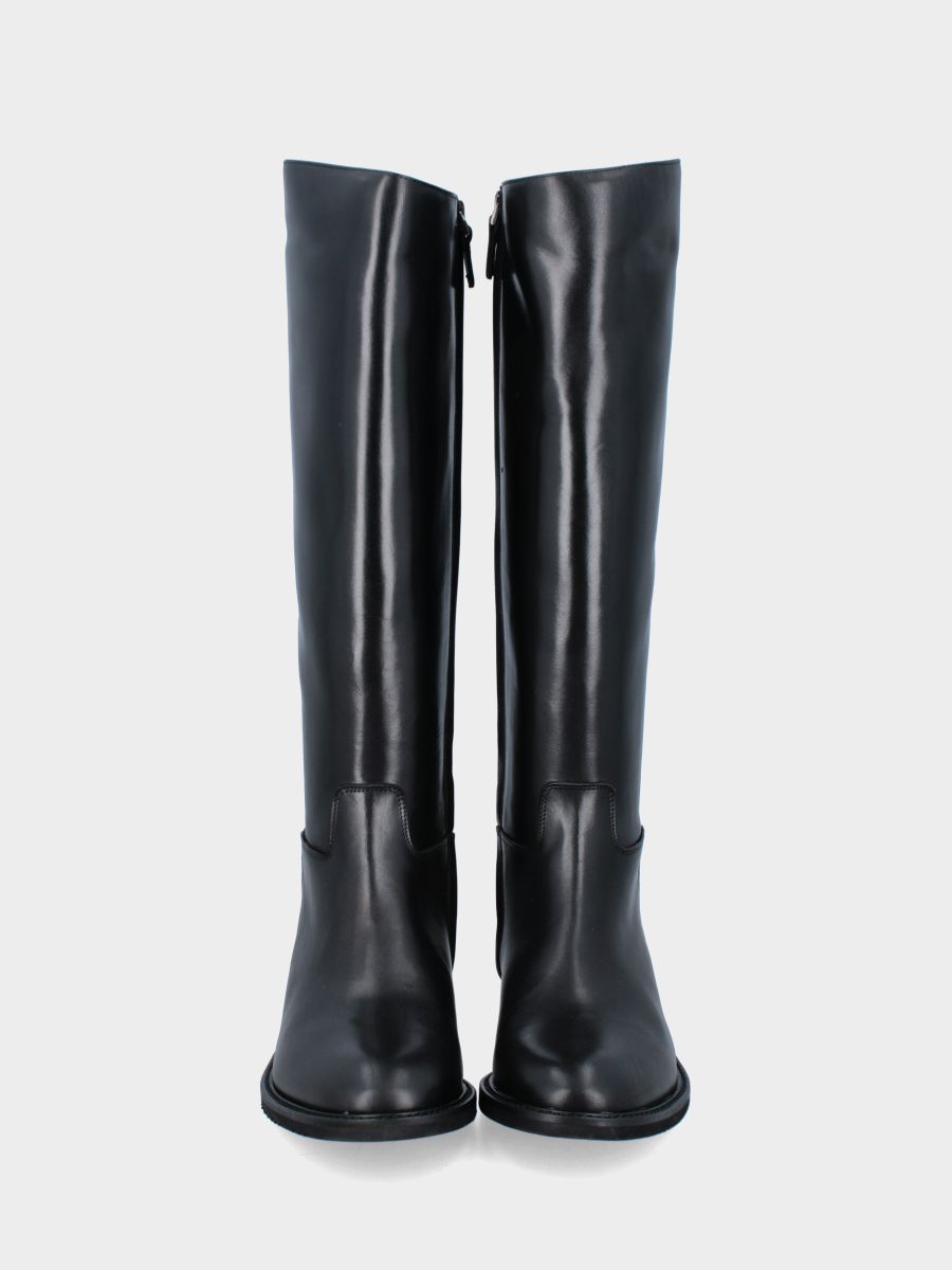 Black calfskin riding-style boot with low heel and round toe