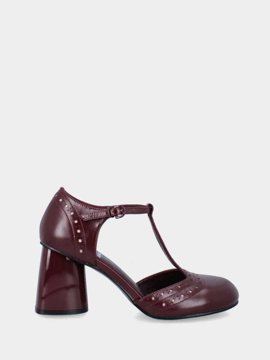 Bordeaux patent leather T-bar pumps with swallowtail and column heel