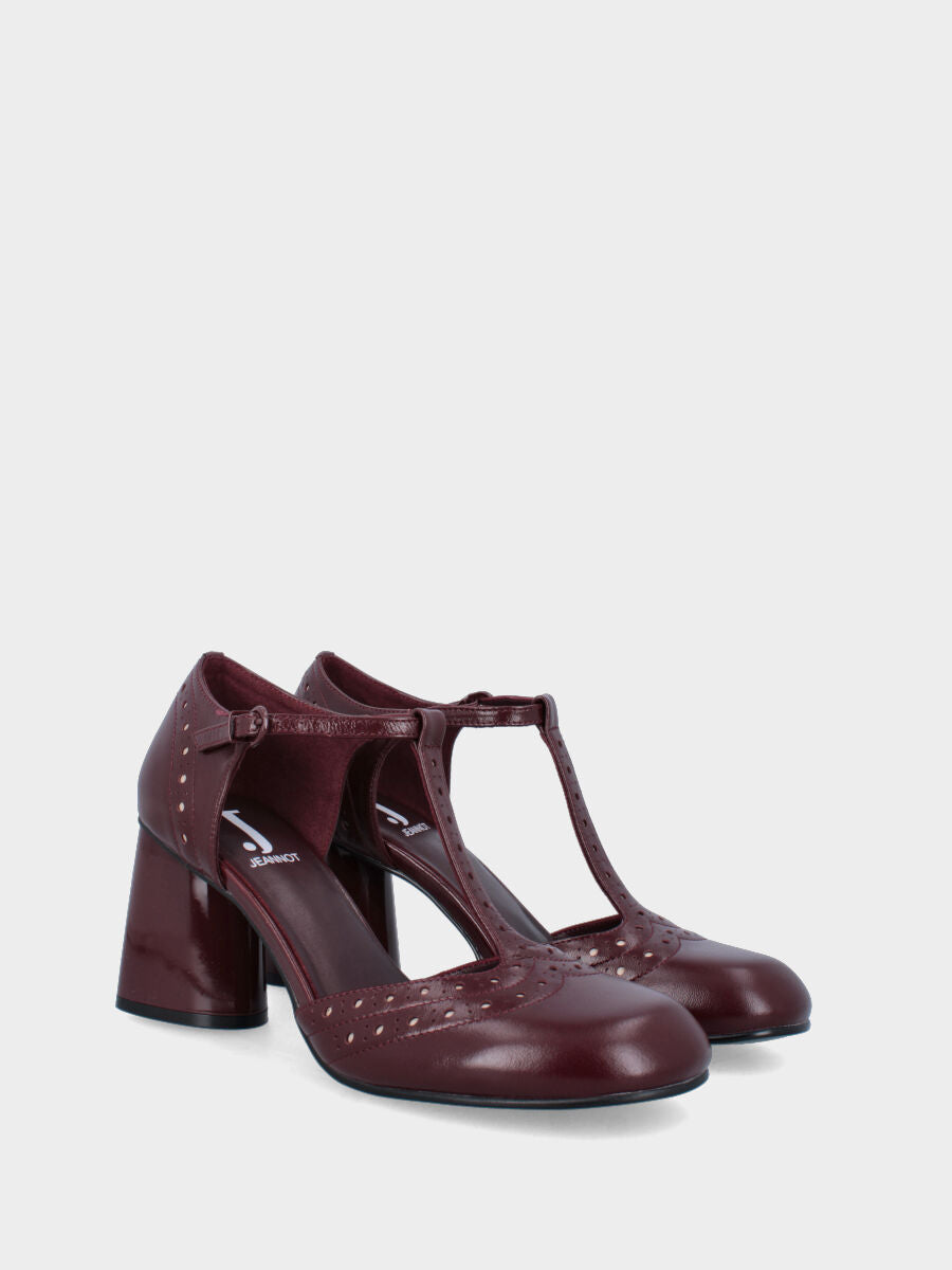 Bordeaux patent leather T-bar pumps with swallowtail and column heel