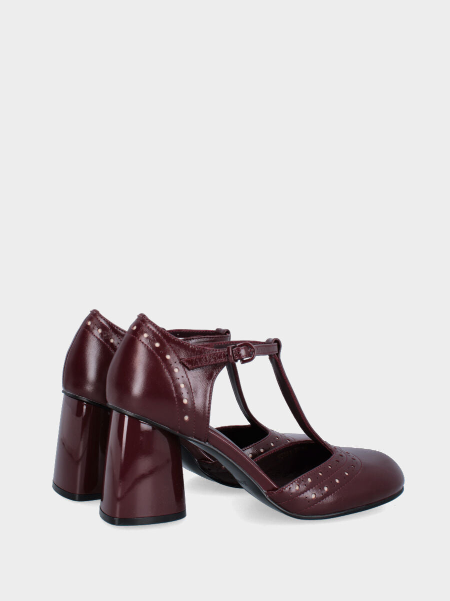 Bordeaux patent leather T-bar pumps with swallowtail and column heel