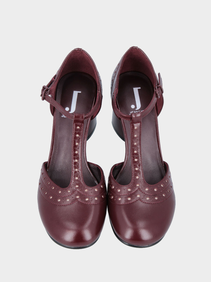 Bordeaux patent leather T-bar pumps with swallowtail and column heel