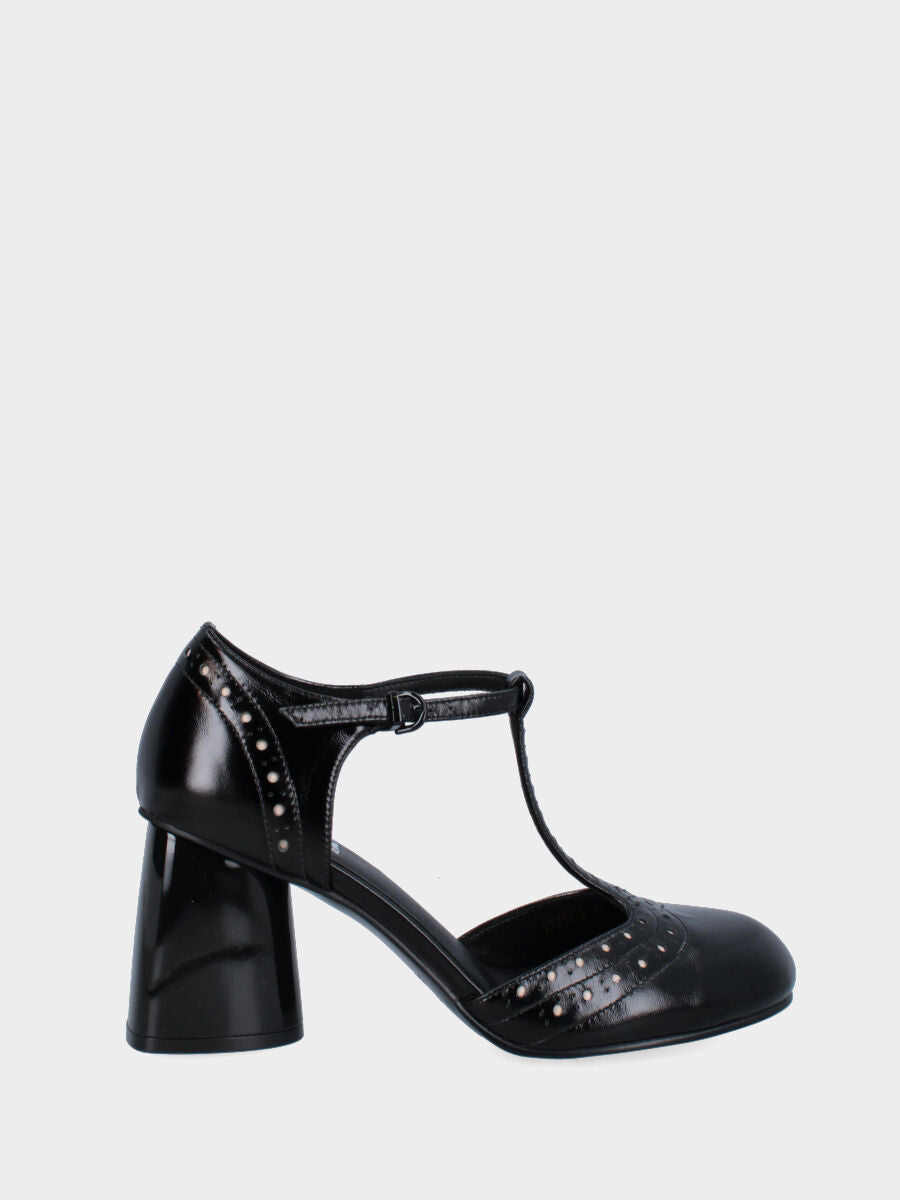Escarpins T-bar en vernis noir avec queue d'hirondelle et talon colonne