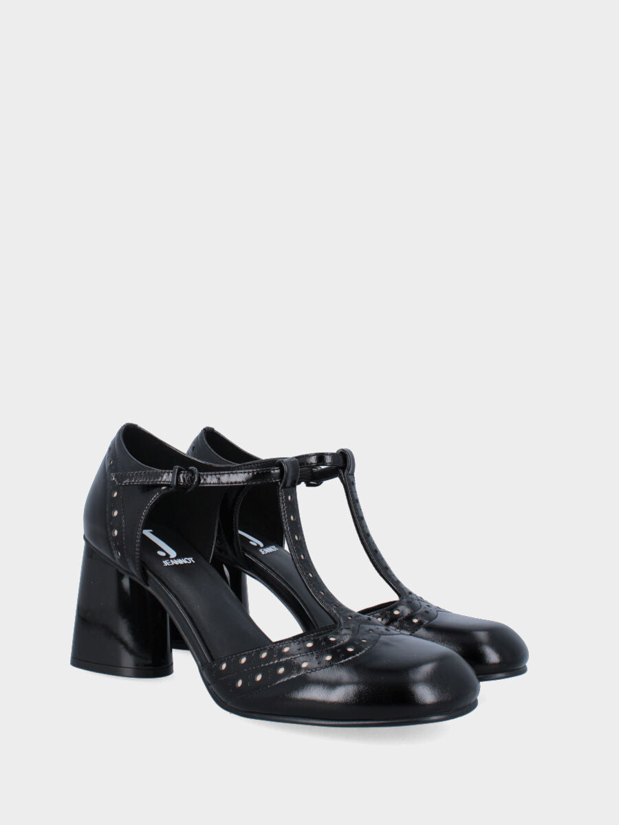 Escarpins T-bar en vernis noir avec queue d'hirondelle et talon colonne