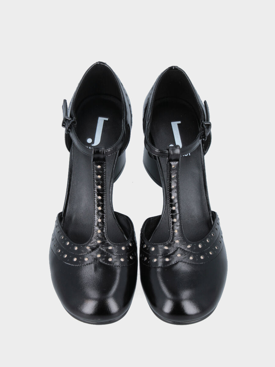 Escarpins T-bar en vernis noir avec queue d'hirondelle et talon colonne
