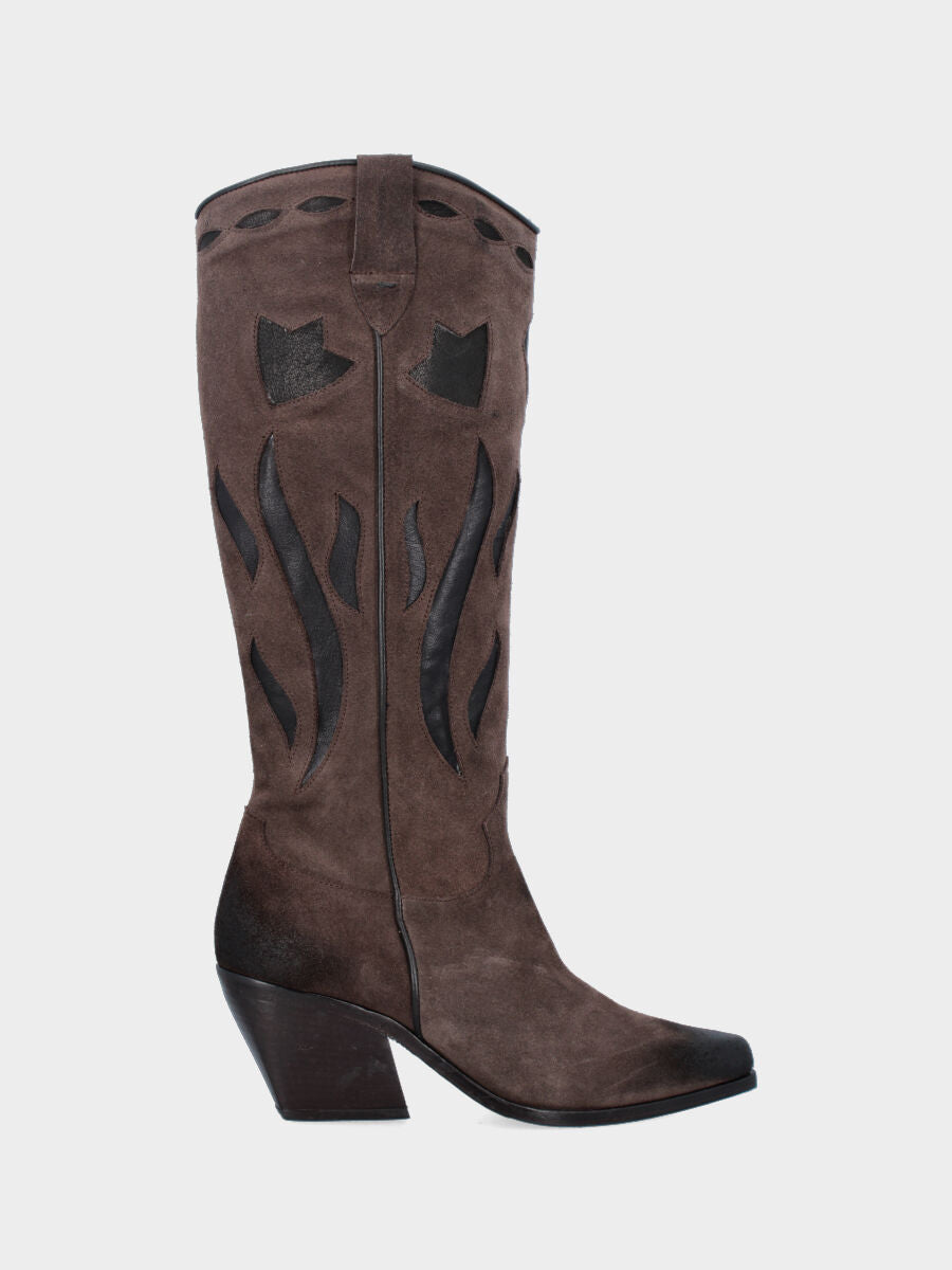 Camperos a stivale in velour testa di moro con gambale fiammato medio