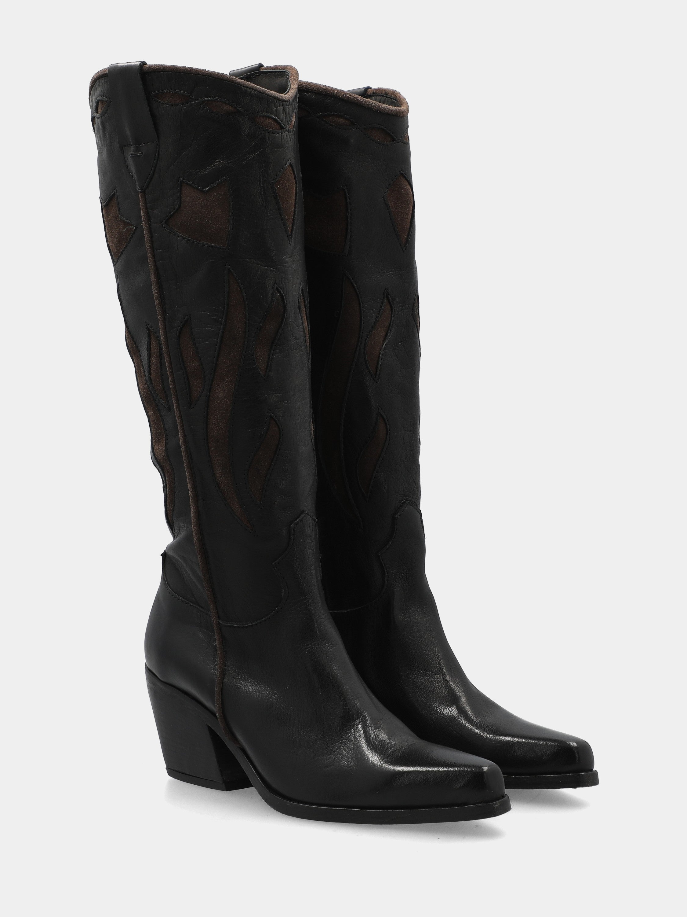 Bottes western en veau noir avec tige flammée et talon 65mm