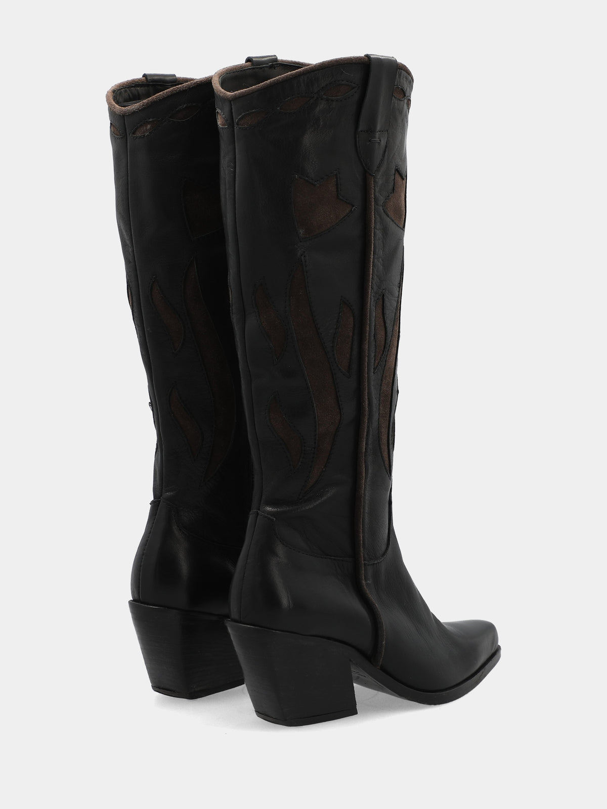 Cowboystiefel aus schwarzem Kalbsleder mit geflammtem Schaft und 65mm Absatz