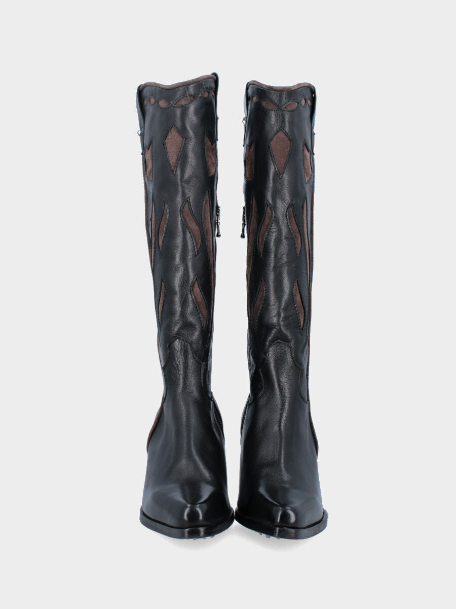 Camperos in vitello nero con gambale fiammato e tacco 65mm