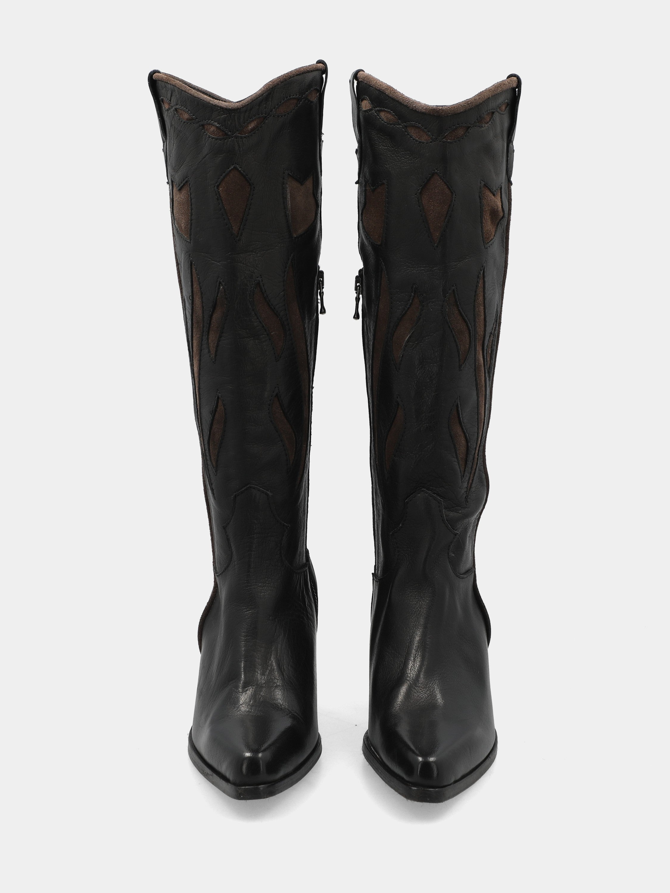 Cowboystiefel aus schwarzem Kalbsleder mit geflammtem Schaft und 65mm Absatz
