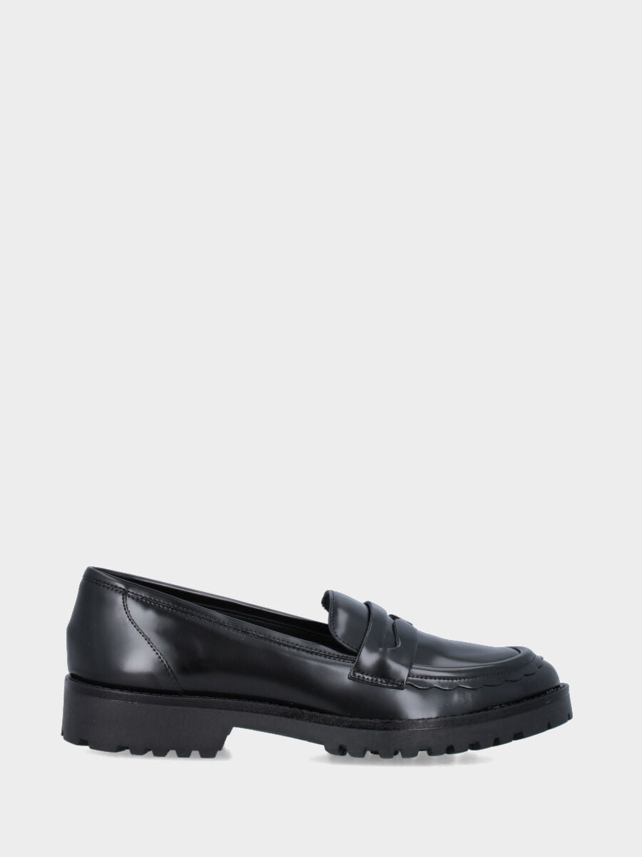 Mocassin en veau noir avec bac ondulé et masque en forme de bouche de lion