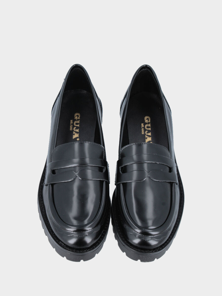 Mocassin en veau noir avec bac ondulé et masque en forme de bouche de lion