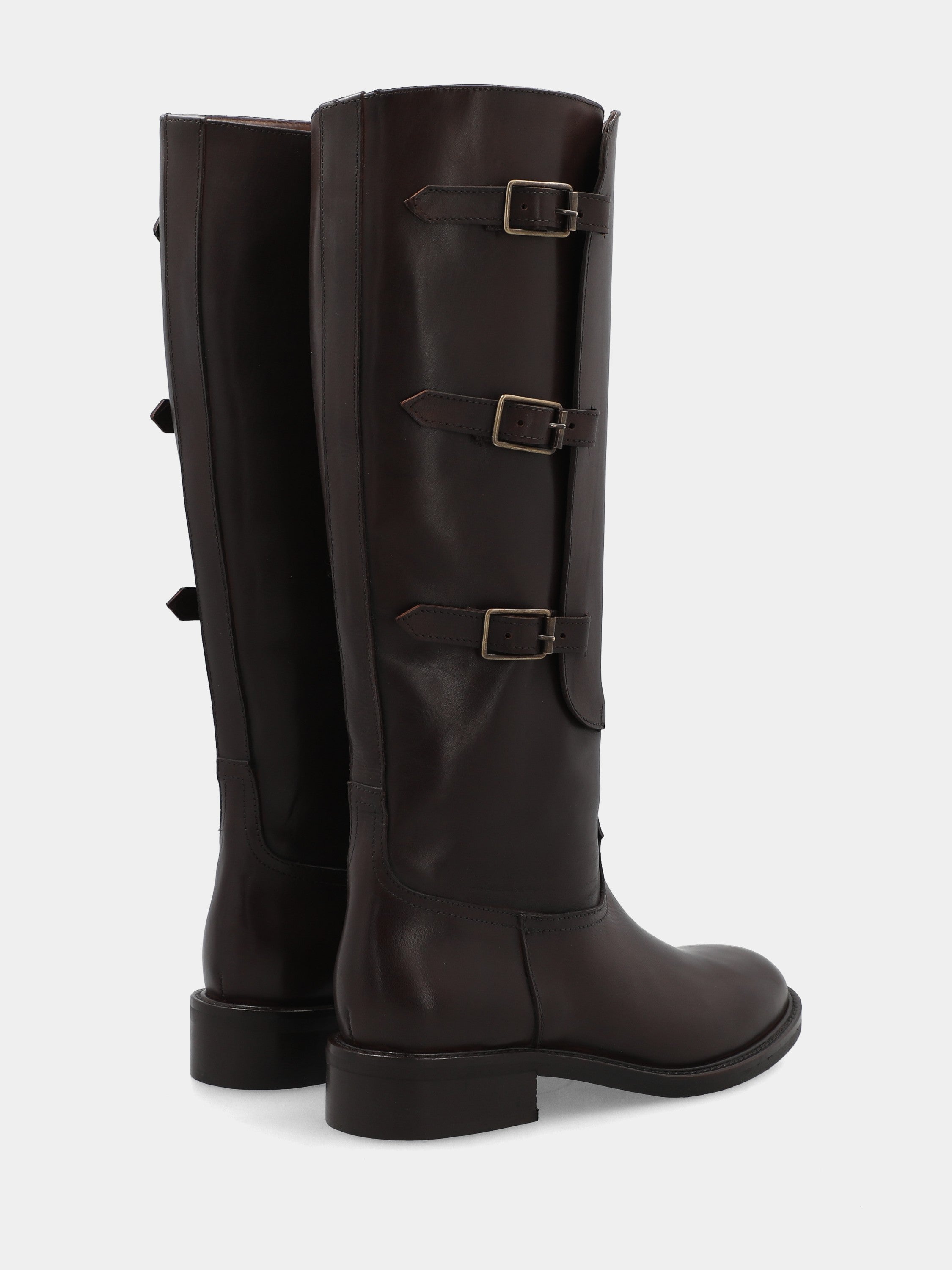 Botte en veau marron foncé avec trois sangles et talon de 30 mm
