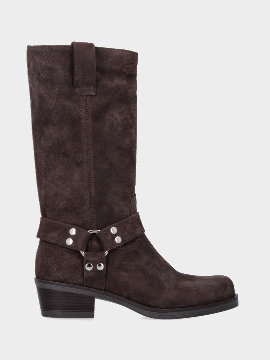 Bottes western en croûte de veau marron foncé avec bout carré et boucles