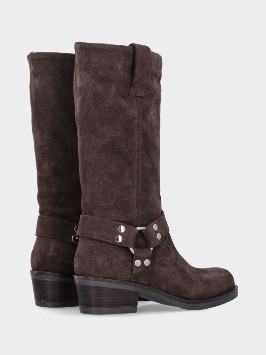 Bottes western en croûte de veau marron foncé avec bout carré et boucles