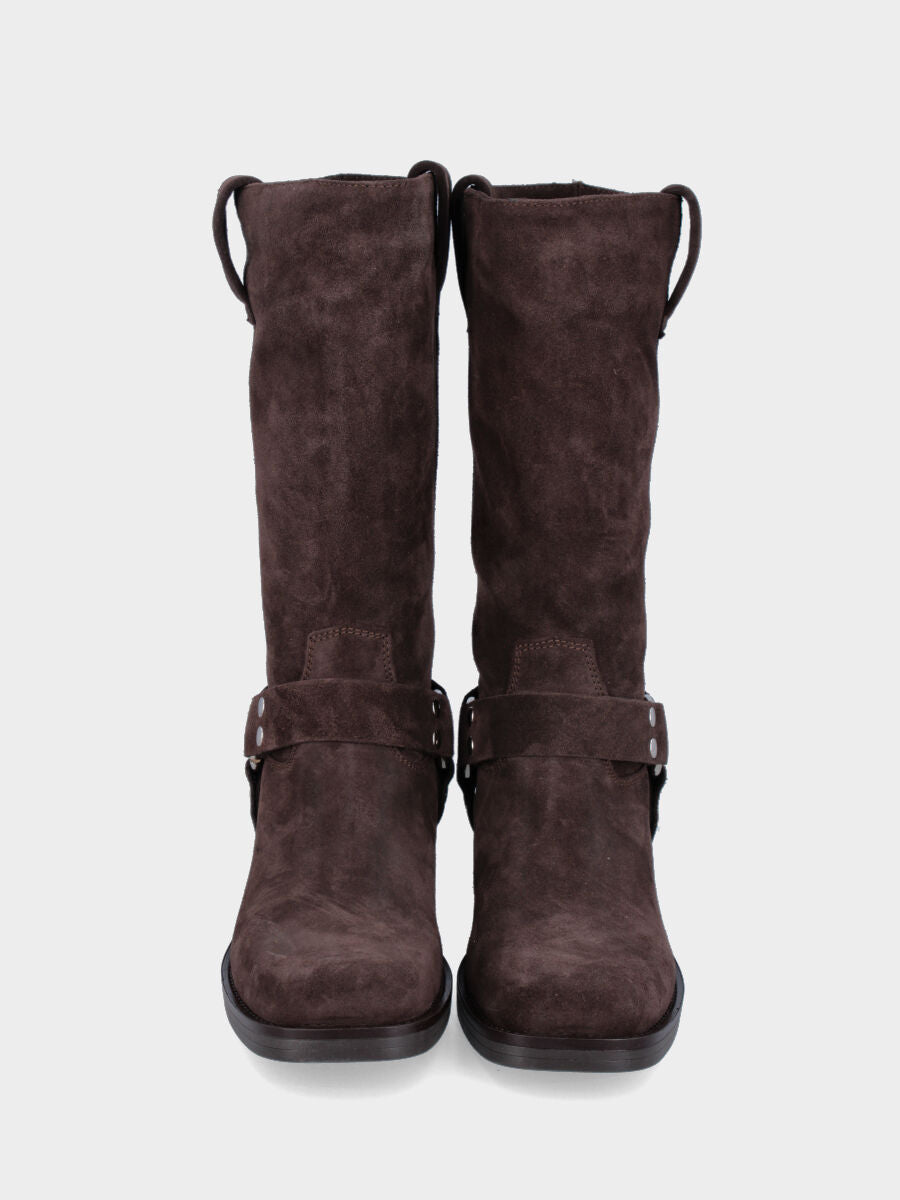 Bottes western en croûte de veau marron foncé avec bout carré et boucles