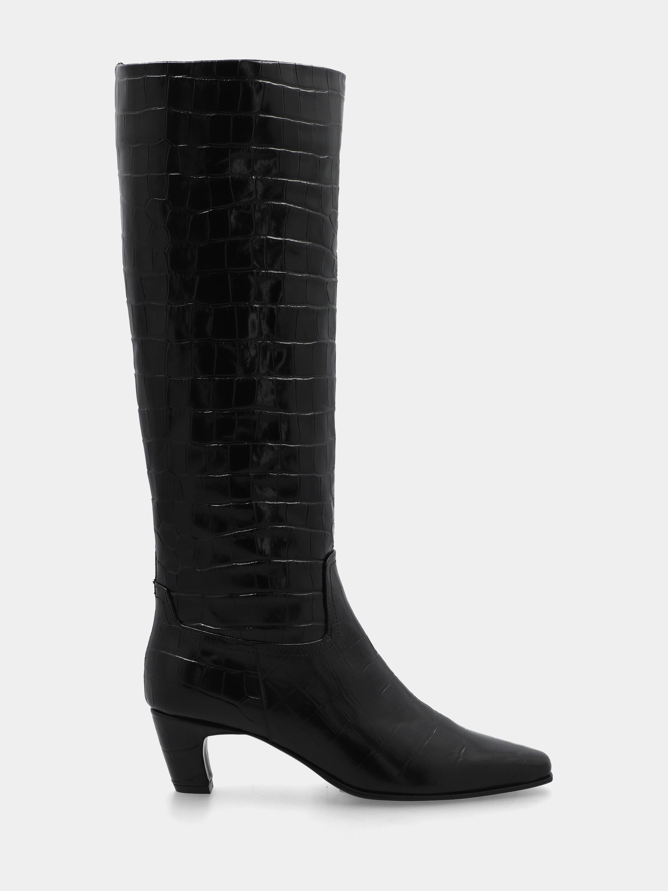 Botte en veau effet crocodile noir avec talon courbé de 55 mm et bout carré
