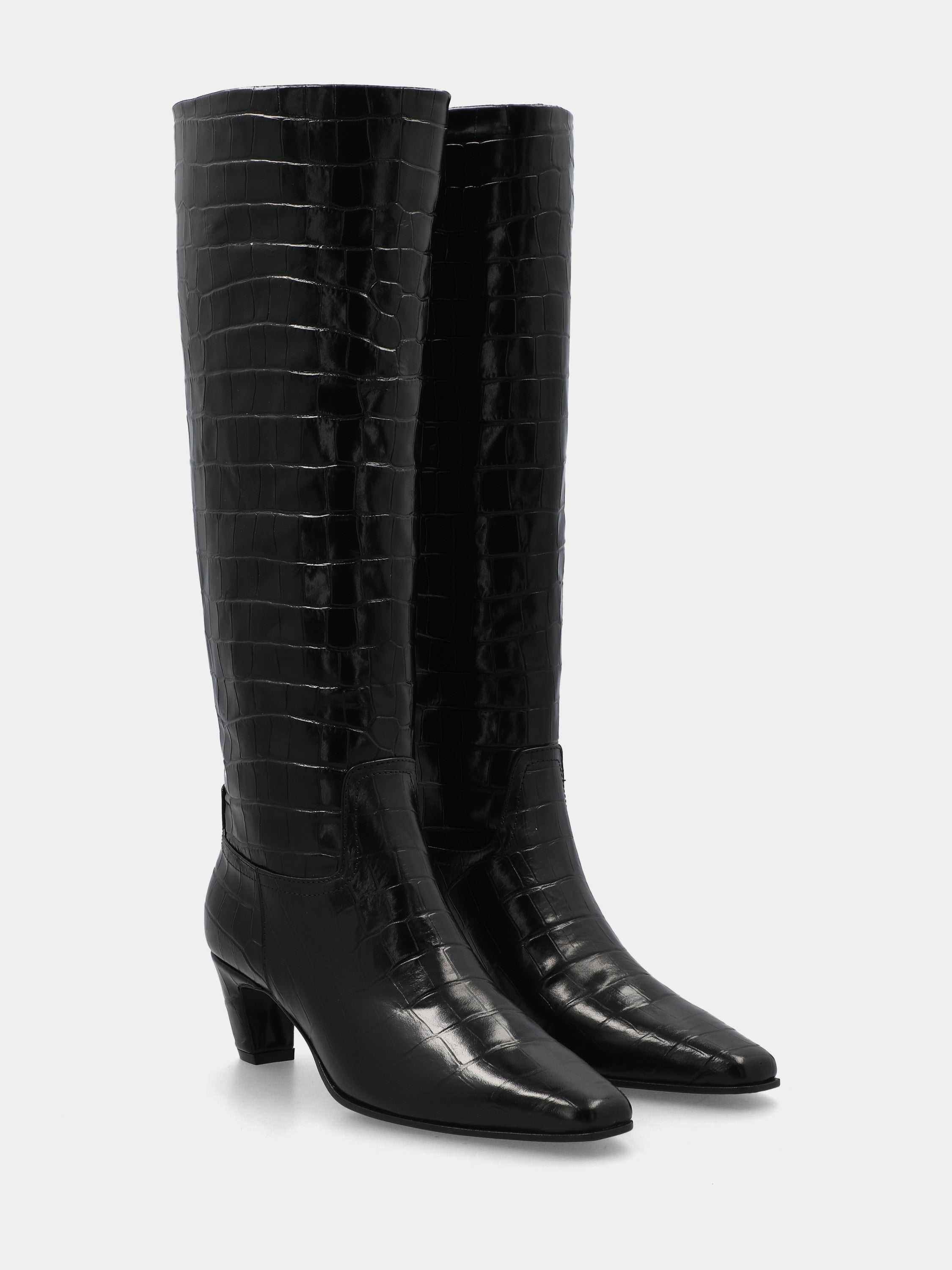 Botte en veau effet crocodile noir avec talon courbé de 55 mm et bout carré