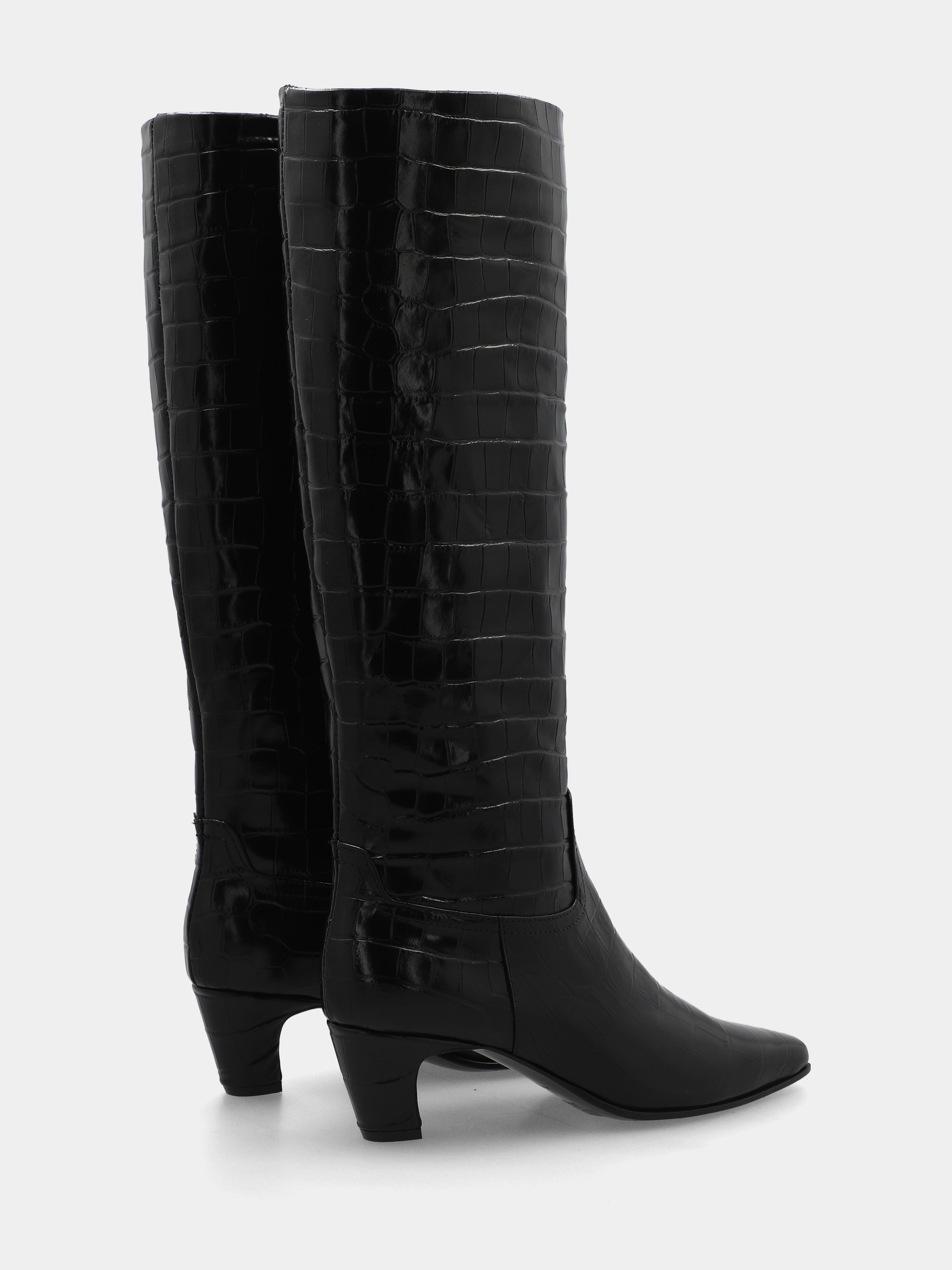 Stiefel aus schwarzem Krokodillederkalb mit 55 mm gebogenem Absatz und quadratischer Spitze