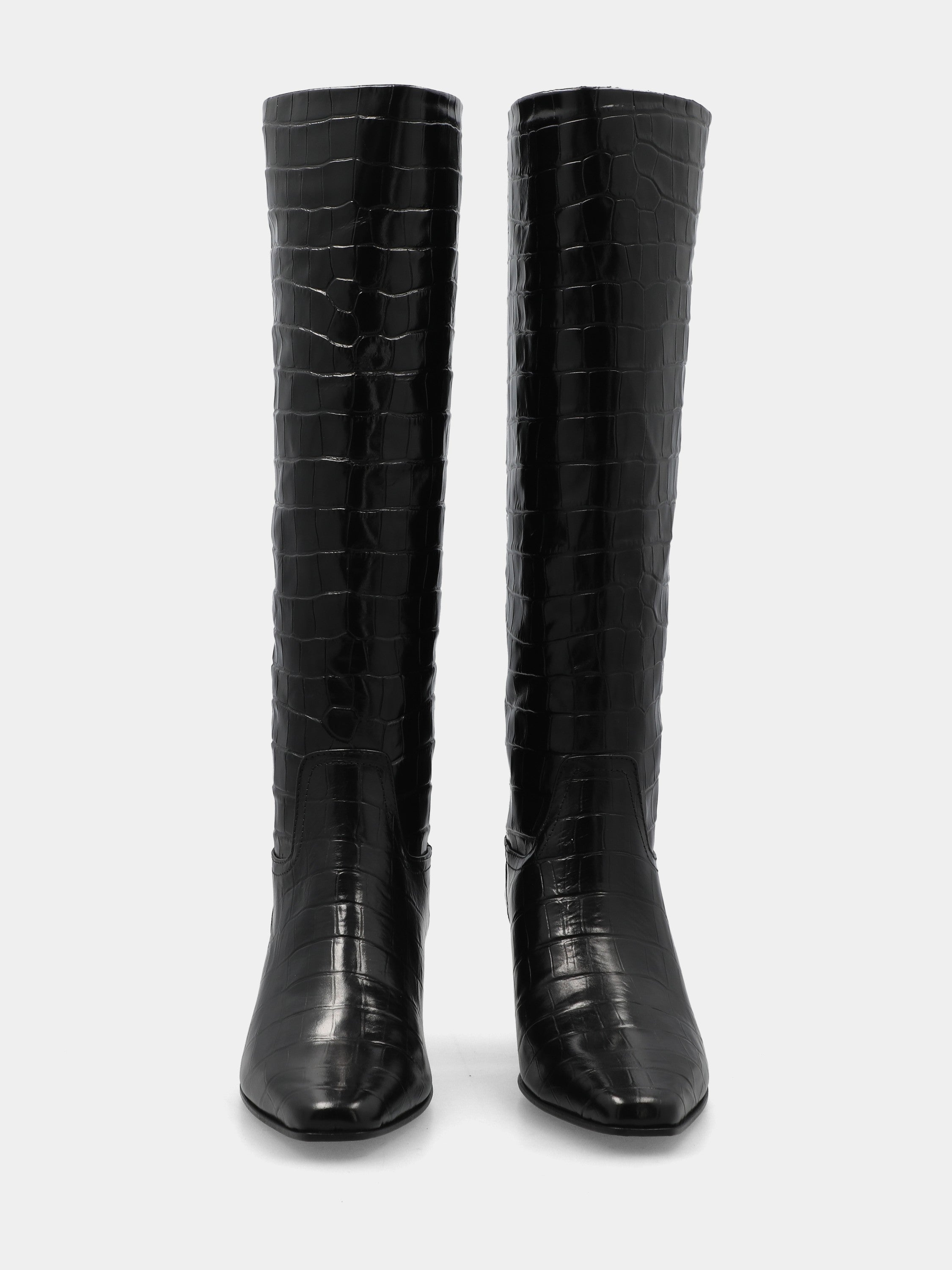 Stiefel aus schwarzem Krokodillederkalb mit 55 mm gebogenem Absatz und quadratischer Spitze