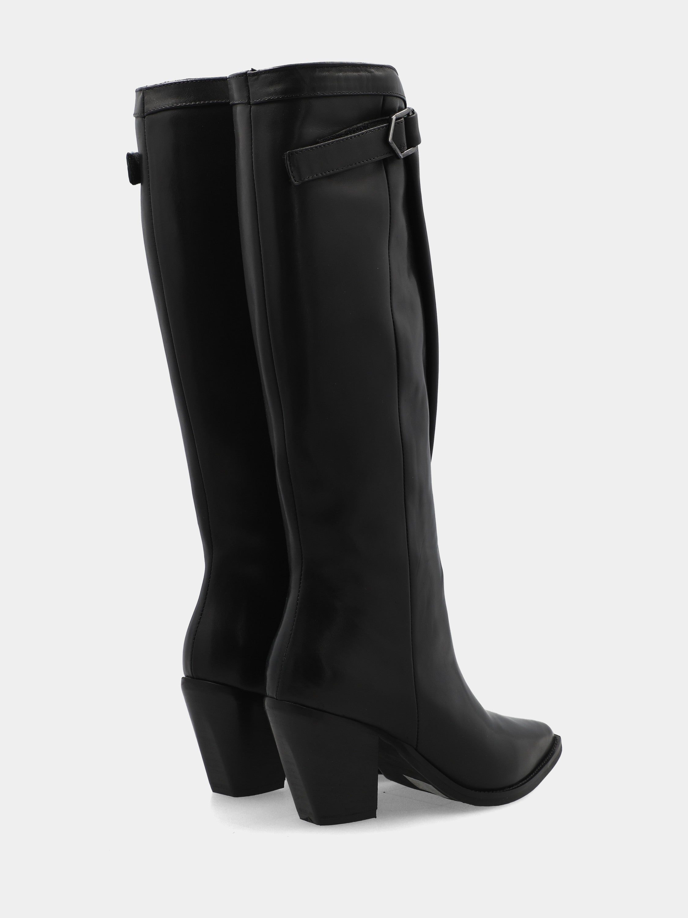 Black calf leather boot with fold-over and strap on 85mm heel