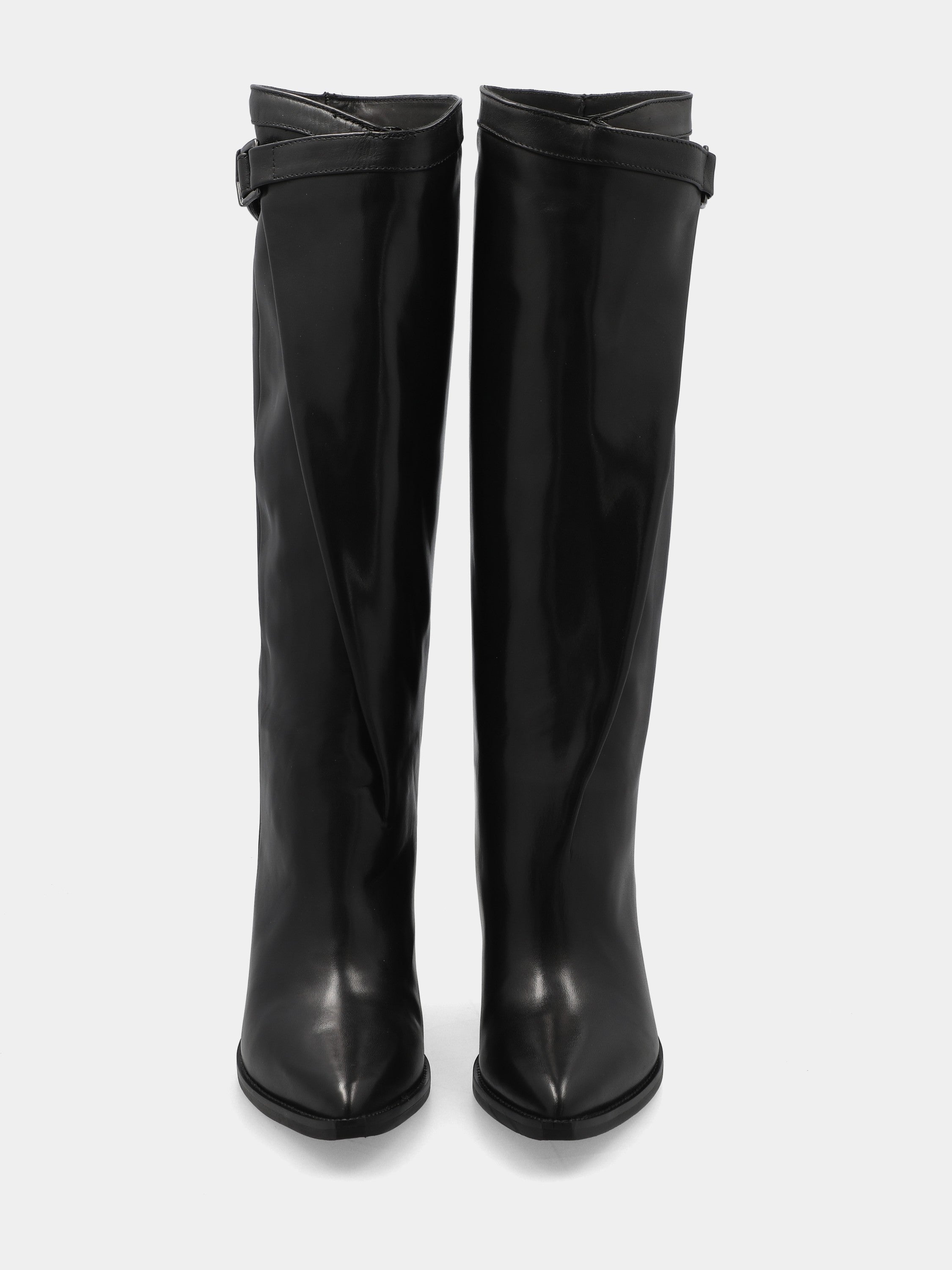 Black calf leather boot with fold-over and strap on 85mm heel