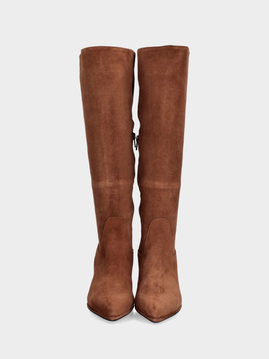 Botte en suède couleur cuir avec talon en forme de calice