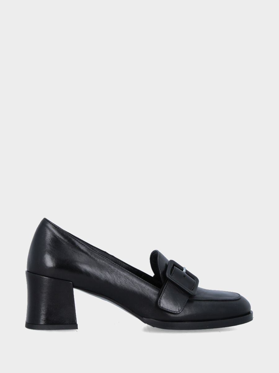 Mocassino in vitello nero con cinturino e tacco a blocco 50mm