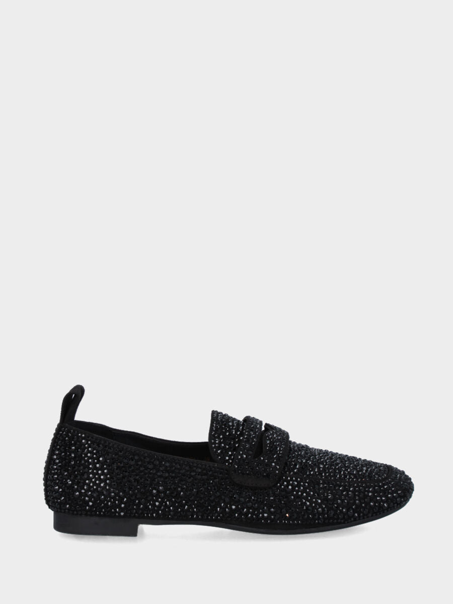 Mocassin en suède noir avec strass et construction sacchetto