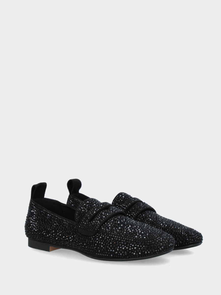 Mocassin en suède noir avec strass et construction sacchetto