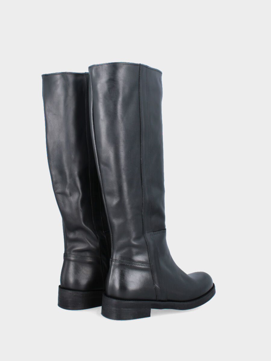 Stivale in vitello nero con fascetta laterale e tiranti in tessuto