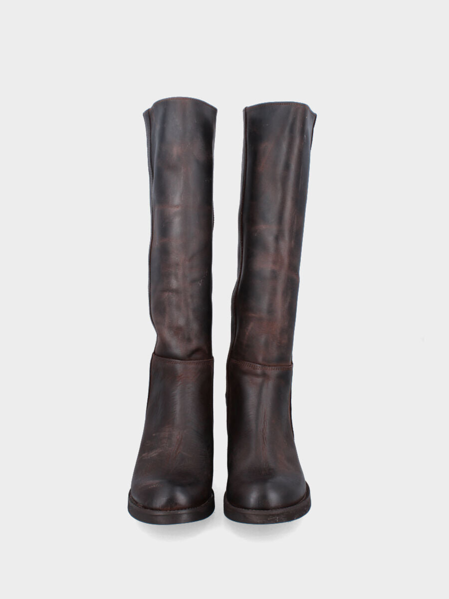 Stivale in vitello testa di moro con fascetta laterale e tiranti in tessuto