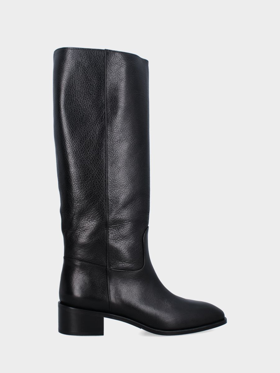 Botte en veau noir avec talon bas et bout arrondi