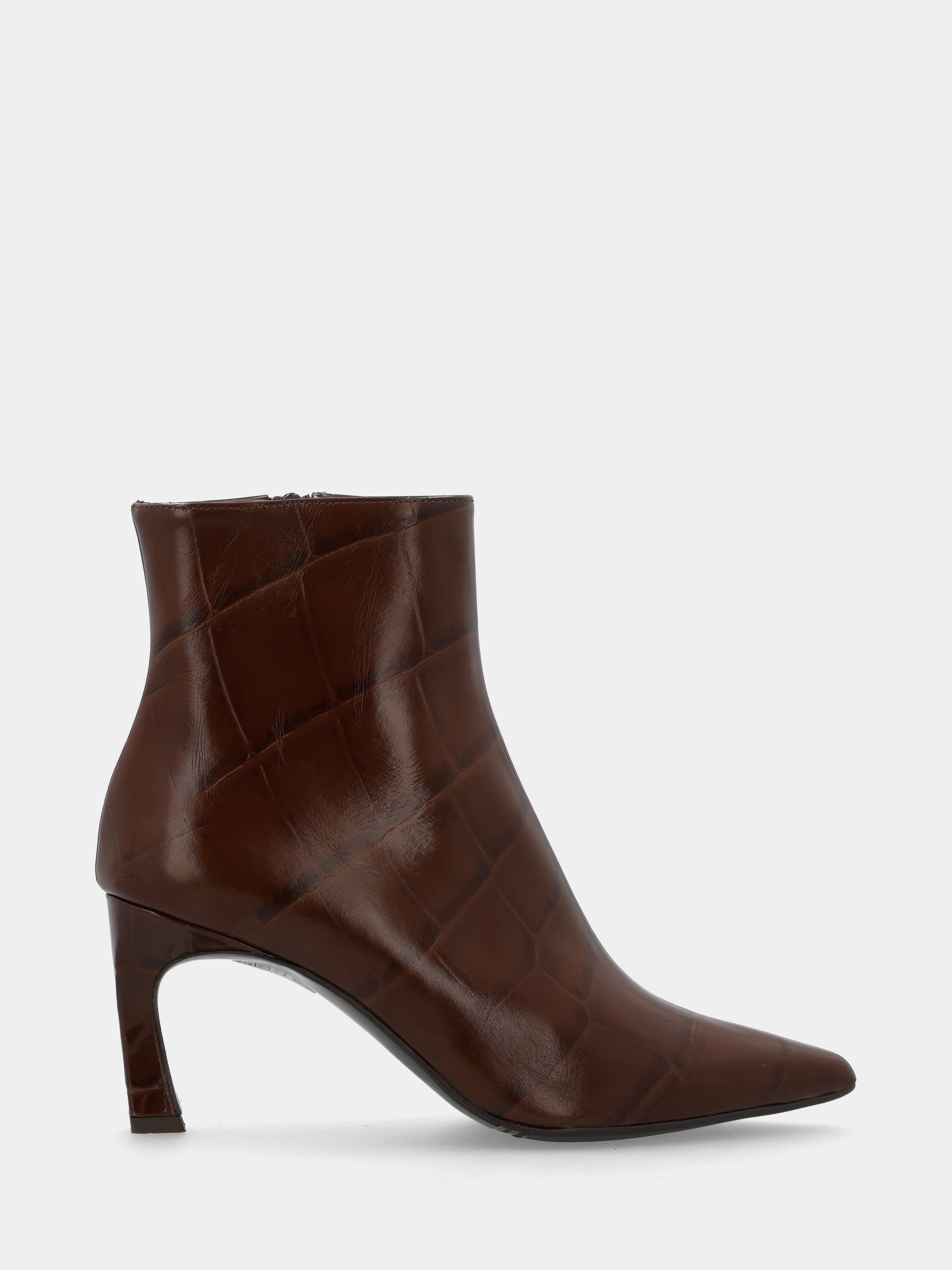Bottines en veau marron imprimé crocodile avec talon creux et bout effilé