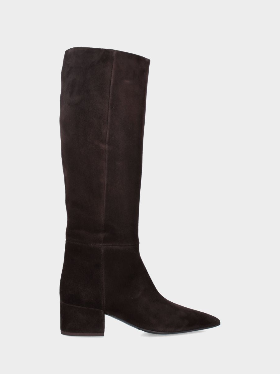 Botte haute en suède marron foncé avec talon large
