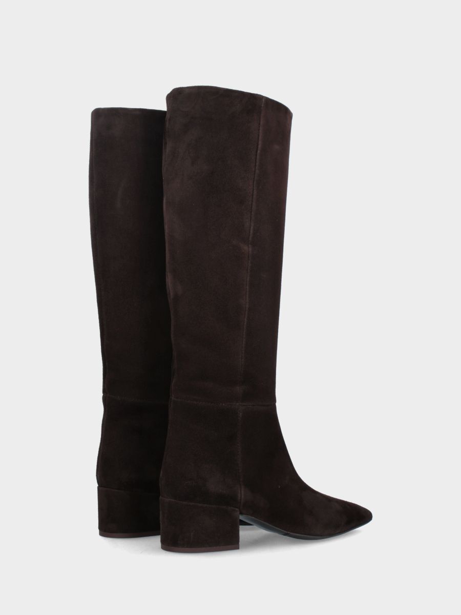 Botte haute en suède marron foncé avec talon large