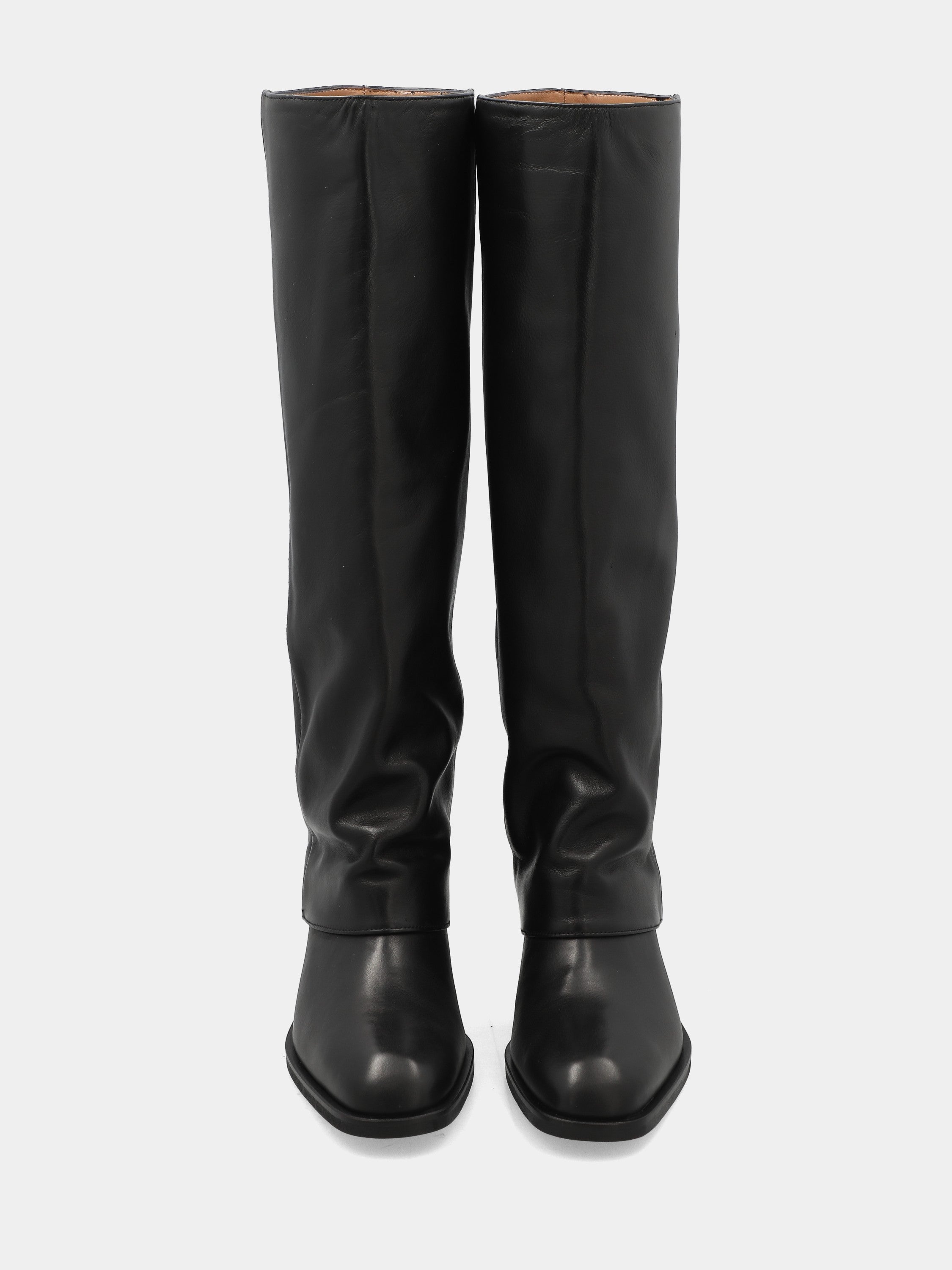 Black calf leather tube boot with turned-down gaiter and rounded toe