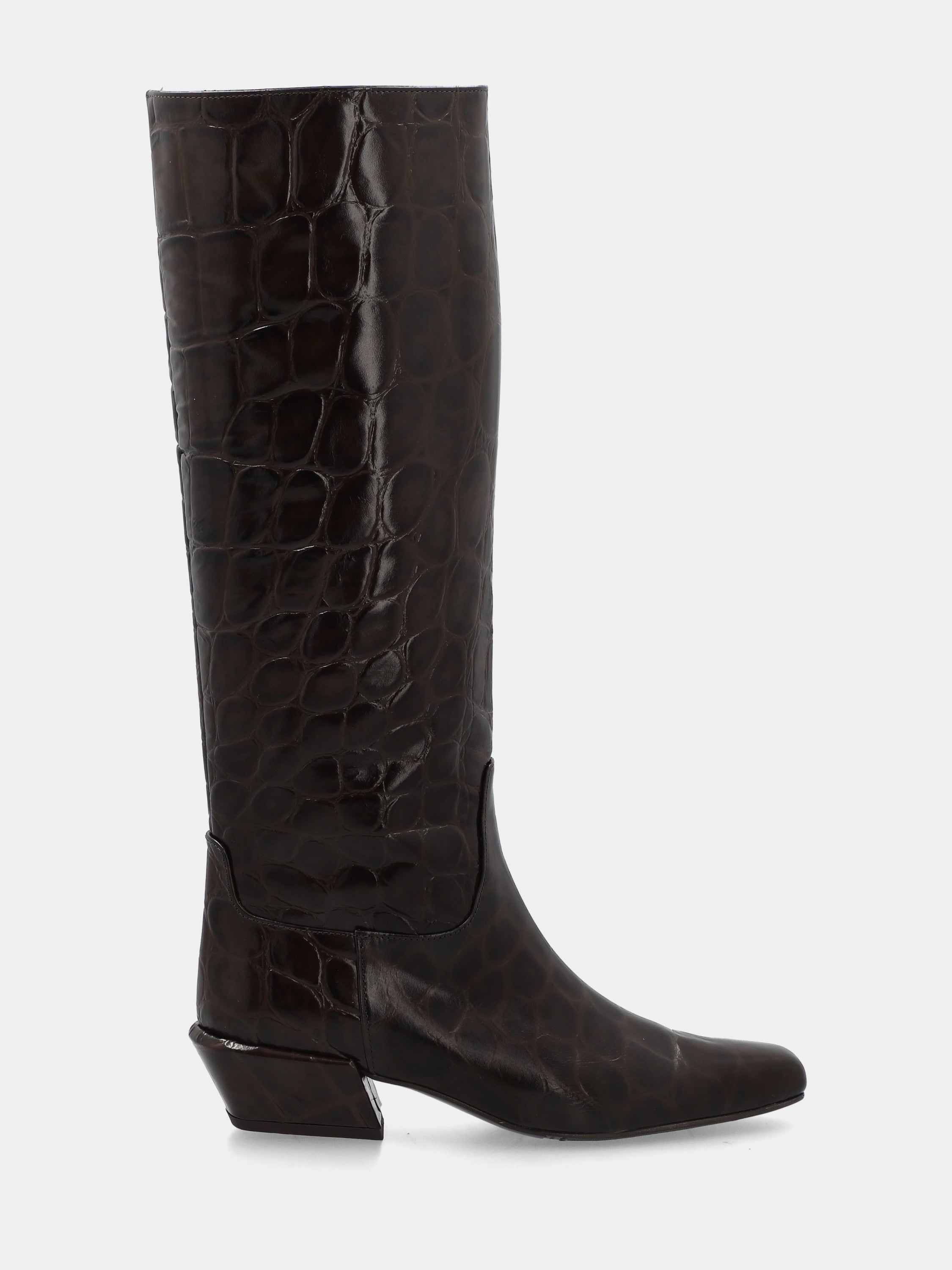 Stivale in vitello cocco testa di moro con tacco geometrico 30mm