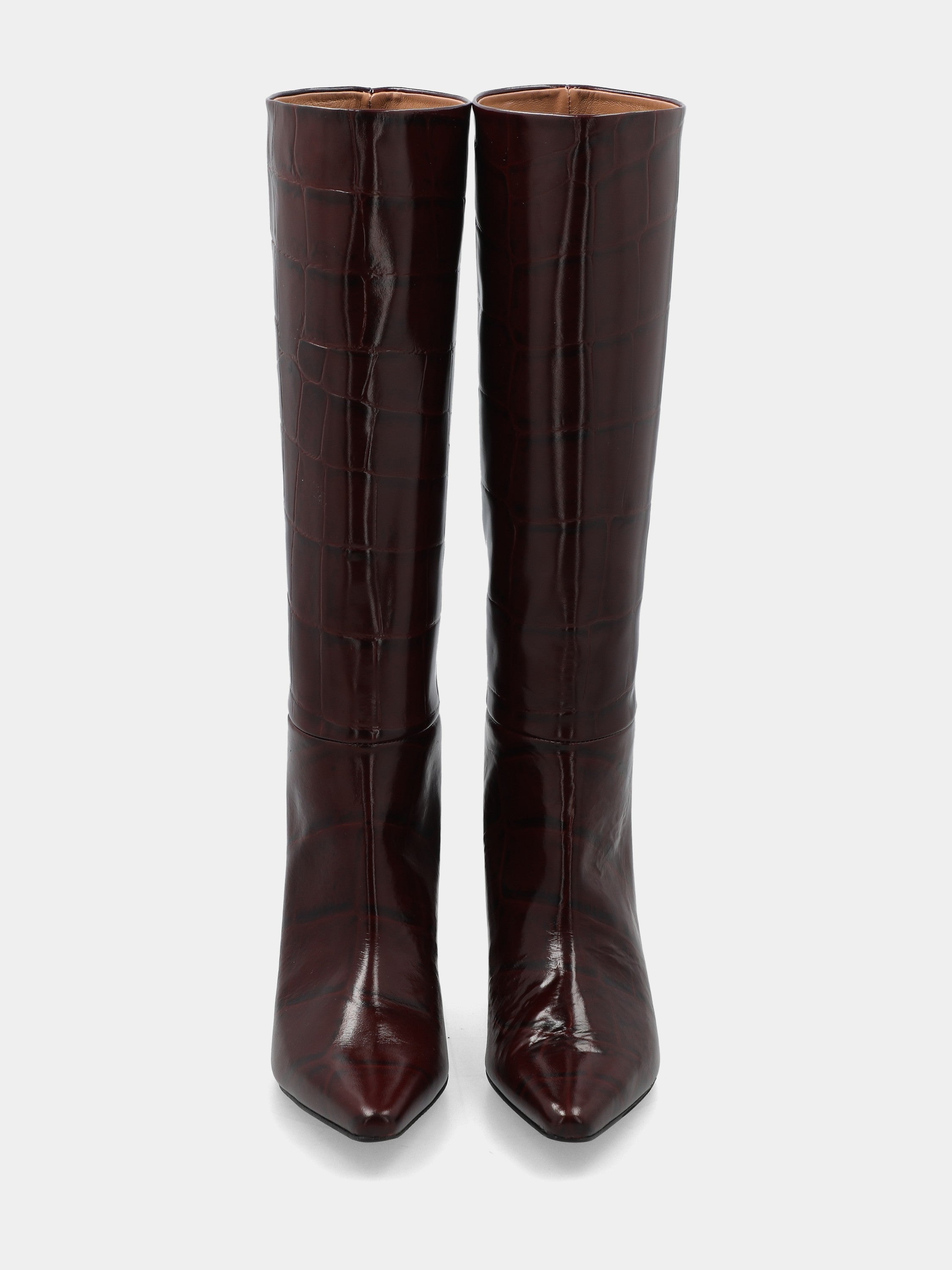 Burgundy calf leather tube boot with banana heel