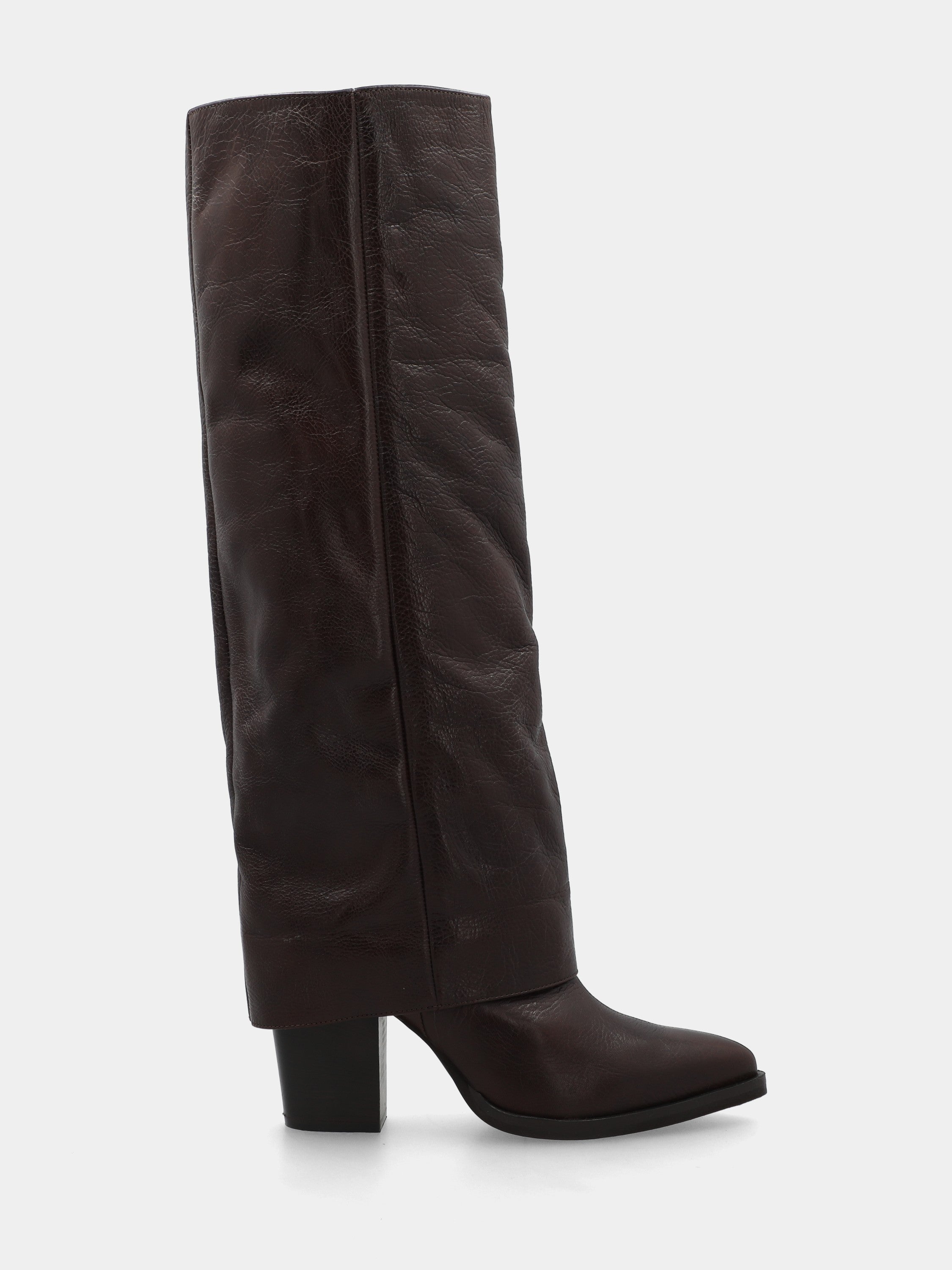 Stivale in vitello marrone con ghetta risvoltata e tacco 70mm