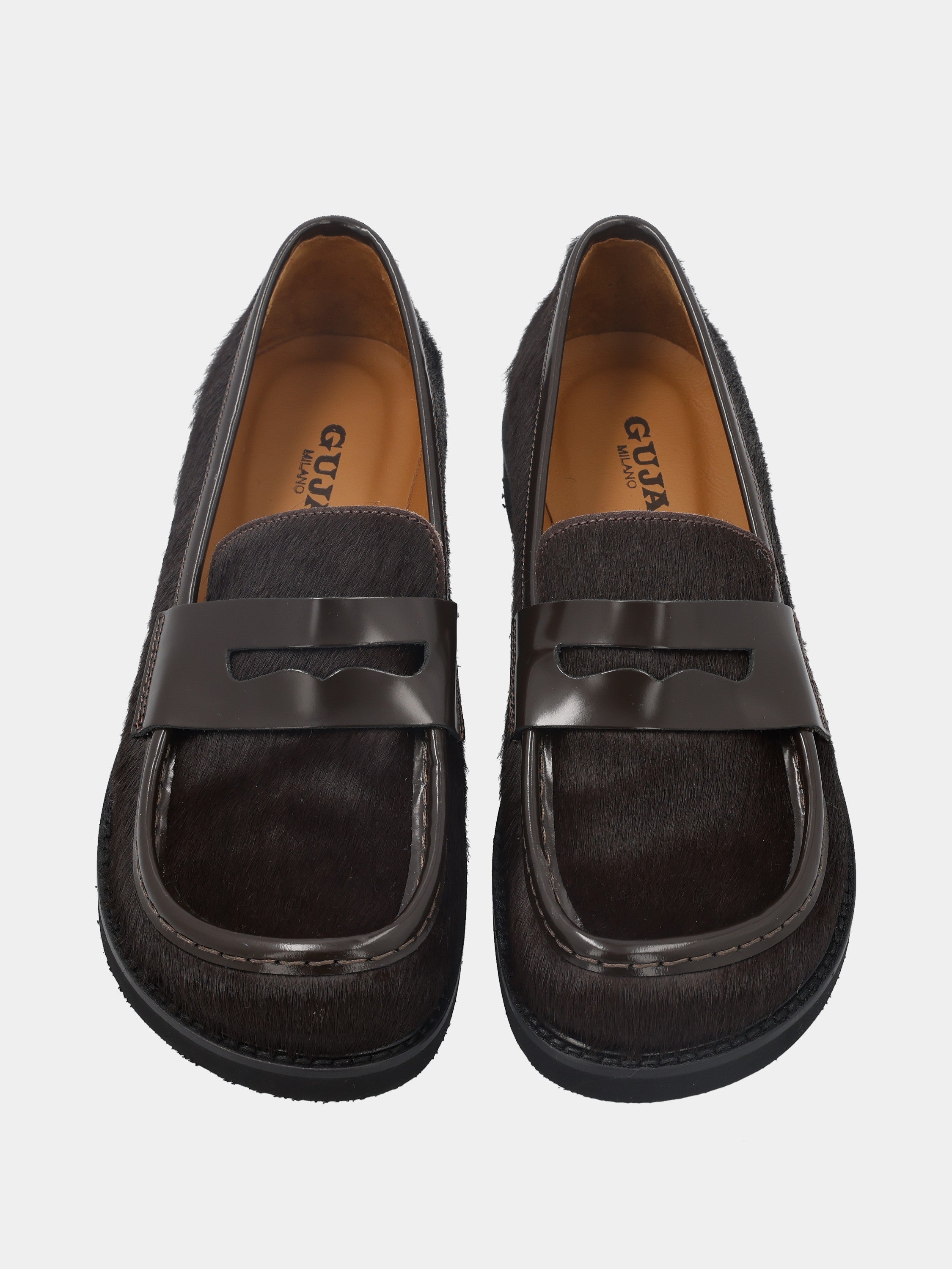 Mocassin en cuir façon poulain marron foncé avec masque en forme de bouche de lion